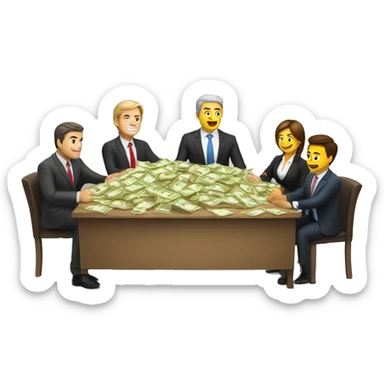 Group of business people sitting around a big table. A sack of cash is in the middle of the table sticker