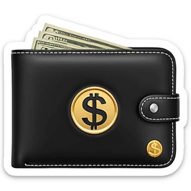 Rich emoji style black leather wallet with dollar bills, luxury money vibe, premium 3D emoji, ultra clean, high detail, no background sticker