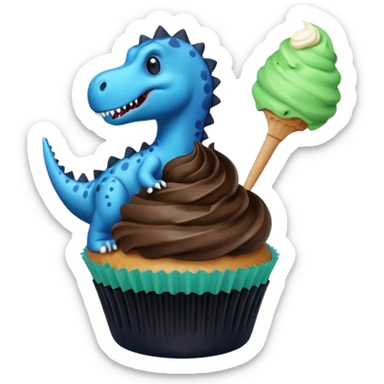 A cupcake having blue and black icing and a dinosaur as a decoration and ice cream next to it sticker