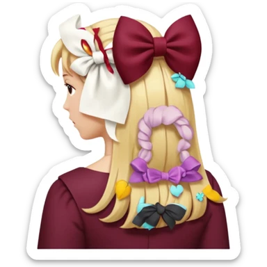 A burgundy bow in blond hair from the back sticker