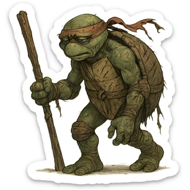 elderly ninja turtle, shell with deep scratches, ripped bandana, tired eyes, limping, holding a damaged staff, clearly just fought sticker