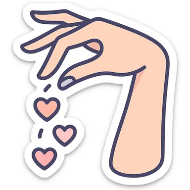 female hand in elegant gesture sprinkling hearts like seasoning, icon-color-outlined style, detailed shadows and highlights, thin clean contours, soft rounded shapes, pastel palette #98B5BC, #B5B3C1, #C9A3C9, #E4C0CA, #F7DCD1, #F7C0AA, modern Japanese pop art and sticker aesthetic, soft lighting, transparent background sticker