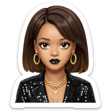 Rihanna with dark brown hair, black sequin outfit  sticker