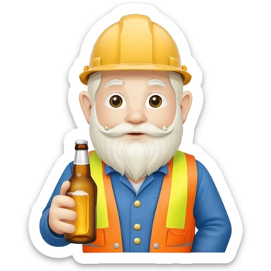 Garden gnome wearing construction clothes holding a bottle of beer sticker