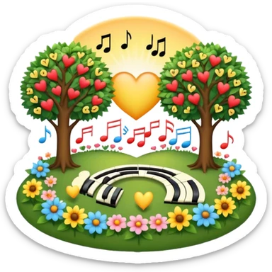 peaceful garden at sunrise, surrounded by music notes, sun, heart, trees, and butterflies — symbolizing unity, faith, and hope sticker