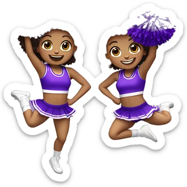 Caucasian cheerleader with dark brown curly hair, jumping and holding up two purple Pom poms, small full body emoji sticker