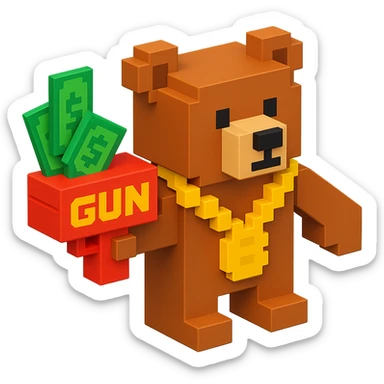 Russian grizzly bear wearing a rapper chain and holding a money gun sticker