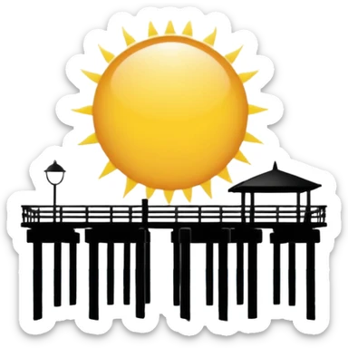 A black and white image of a pier in the ocean as a silhouette with the sun in the background sticker
