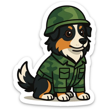 black-tri Mini American Shepherd in a camo green soldier uniform and green helmet sticker