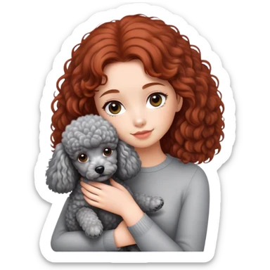 A girl with auburn hair holding a grey poodle sticker