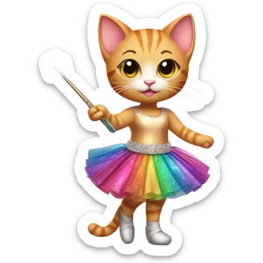 A ginger kitten wearing a skirt and point shoes holding a magic wand  sticker