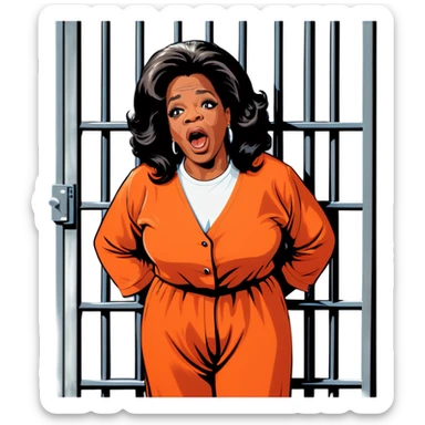 Oprah Winfrey in jail wearing an orange jumpsuit behind bars make her look sad put her in a jail cell more realistic more realistic  sticker