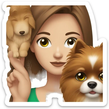 Woman with green eyes, white skin, brown hair and a Pomeranian puppy sticker