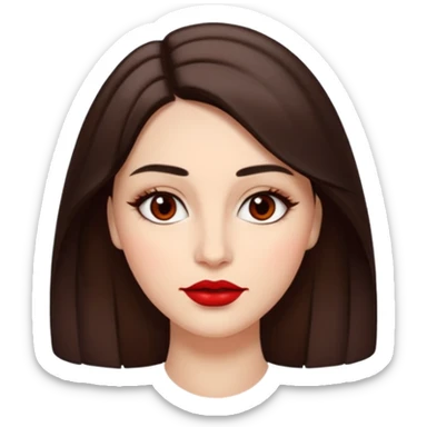 A woman emoji with fair skin, slightly wavy dark brown hair parted in the middle, an oval-shaped face, arched dark eyebrows, almond-shaped brown eyes, a small straight nose, and full lips with deep red lipstick. sticker