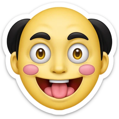 yellow face emoji smiling with huge tongue out and eyes wide open. Tongue should have the effect of wagging back and forth. Give him a head of black hair sticker