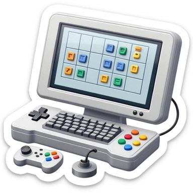 Emoji for Game Design: computer screen with Professional game development interface, 3D models, pixel art and design tools like grid, wireframe, gamepad, joystick, stylus. Symbolizes the technical and creative process of game development. Transparent background. sticker