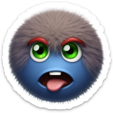 fuzzy blue ball with green eyes smiling with angry dark red eyebrows sticker