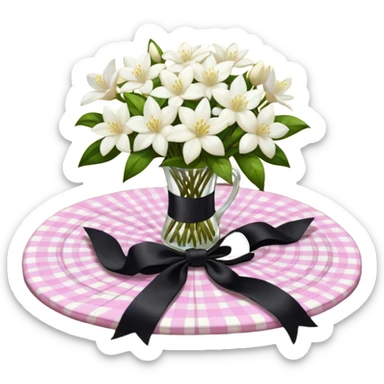 A lush bouquet of white color Jasmin black satin ribbon, resting on an antique wooden table, with a pale yellow and pink plaid pattern table cloth sticker
