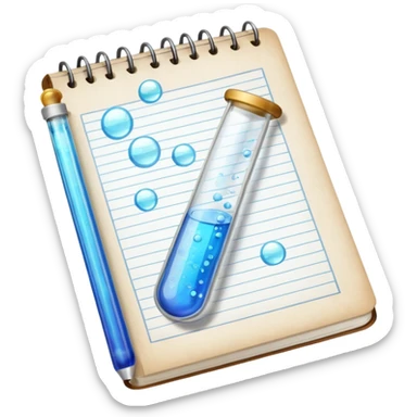 test tube with bubbles next to a notebook sticker