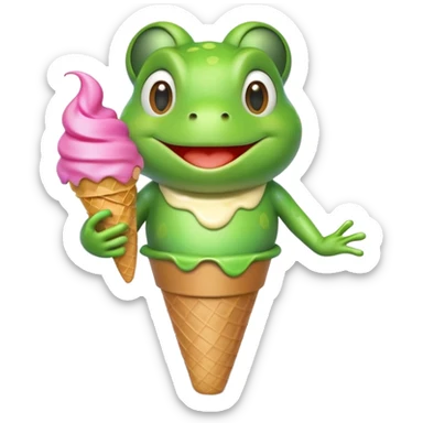 cute frog eating ice cream, happy face, holding a colorful ice cream cone, 3D cartoon, mobile game icon style, bright colors, soft shadows, clean background, no text, no watermark
 sticker