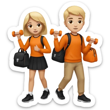 light skin students girl and boy with school bag full of books on hand and dumbell in other hand. Clothes are in black and orange colours. They are going to the gym. They have brown and blonde hair. Dumbell is visible in hand sticker