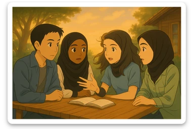 Correct the scene so that the second girl in hijab (on the right) is the one speaking and gesturing with her hand, not the third girl. Preserve the original faces as much as possible. The wind gently blows on the book and the hair. Keep the same outdoor setting and warm ambiance in Ghibli style. sticker