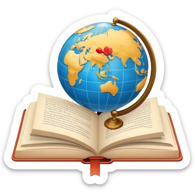 An icon featuring an open book, a speech bubble, and a pen, symbolizing philology and linguistics. The design includes a globe with language characters and grammar symbols, representing the study of languages and literature. Transparent background highlights language analysis. sticker