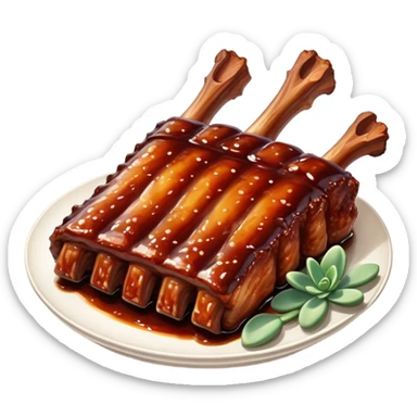 cinematic-realistic-barbeque-ribs-dish-emoji,-depicted-as-succulent,-slow-cooked-ribs-with-a-sticky-smoky-glaze-rendered-with-rich-textures-and-dynamic,-appetizing-lighting. baby back spare ribs sticker