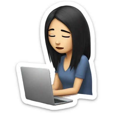 A bright girl with black hair, an IT girl at the computer is tired and wants to sleep sticker