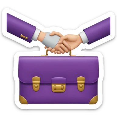 Minimal two-tone purple icon: two hands exchanging a briefcase. Geometric, transparent background. sticker