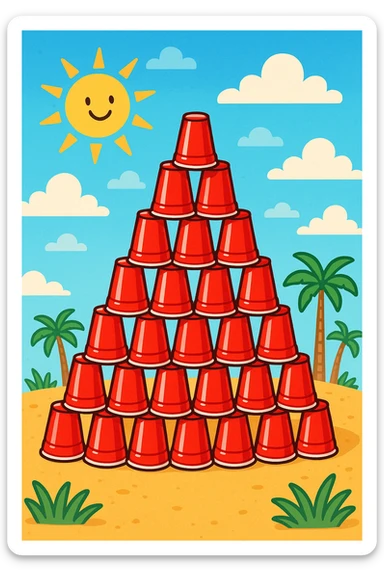 an Egyptian pyramid made out of stacked red plastic party cups, humorous sticker