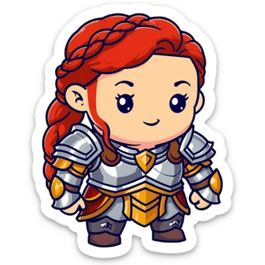 female dwarf from Lineage 2 with braided red hair, stocky build, wearing fantasy armor and jewelry sticker