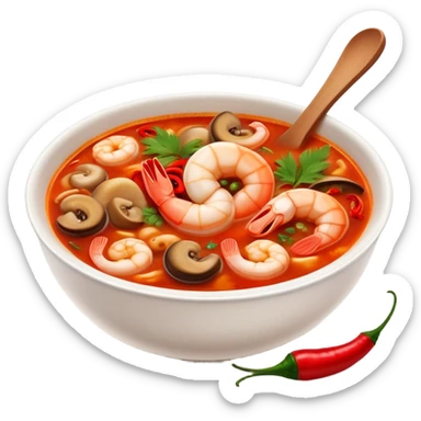 Cinematic Realistic Tom Yam Kung Soup Dish Emoji, showcasing a spicy, sour shrimp soup with herbs and mushrooms rendered with lifelike textures and bold, dynamic lighting. sticker