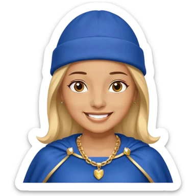 Female hero in blue beanie, cape flowing, smiling proudly.


































 sticker