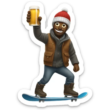 Man snowboarding with beer in his hand, holding up hand sign sticker
