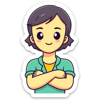 Girl with arms crossed, holding neck with weird face sticker
