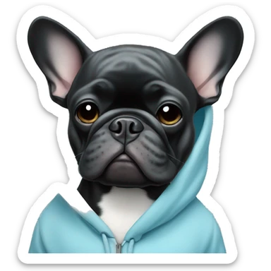 Black French bulldog in a  light blue hoodie  sticker