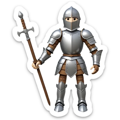 3D render of Knight Puppet as a wooden marionette puppet, Painted silver wood armor, strings, silver metal screw joints at elbows and knees, polished brown wood texture, rigid toy pose, emoji style, isolated on white background --v 6.0. sticker