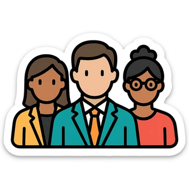 agency team, professional group, modern office, diverse people, clean background, color outline icon style sticker