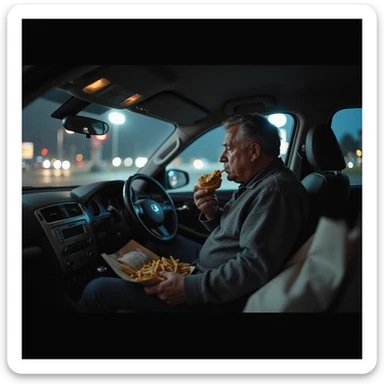 hyperrealistic 4K image of a man in his 40s eating late-night fast food alone in his car, dashboard glowing with reflections from the drive-thru menu, backseat full of unopened gym bags, moody and introspective atmosphere sticker