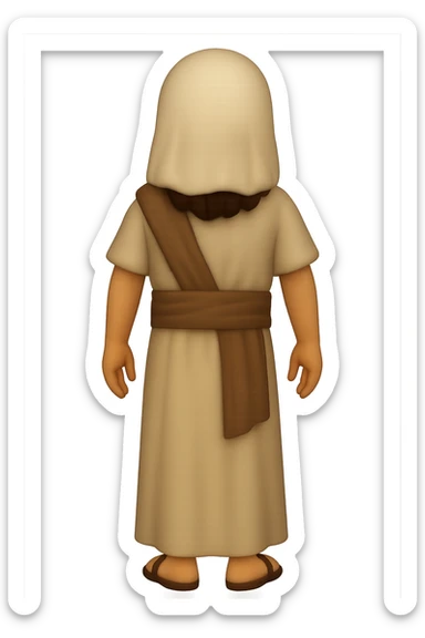 Create a back view, centered full body image of Apostle Peter in classic emoji style. He is facing away, smiling, wearing the same clothing as the reference image: a robe with a brown sash and head covering, with long sleeves. No background. The style should mimic classic emoji style. sticker