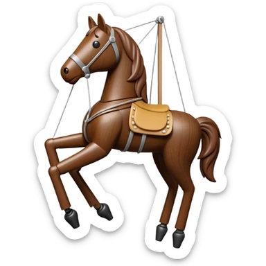 3D render of Horse Puppet as a wooden marionette puppet, Wooden toy horse on strings, silver metal screw joints at elbows and knees, polished brown wood texture, rigid toy pose, emoji style, isolated on white background --v 6.0. sticker