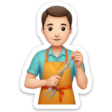 Middle-aged male florist – apron on, trimming stems with scissors sticker