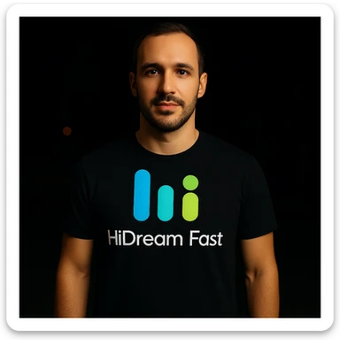 man wearing tshirt with this logo, dark night background with dim , add fast below logo, make man fit into image, add fast insead pf the dev keep rest same sticker