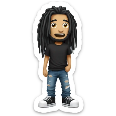 3D cartoon character, Indonesian man with long black dreadlocks, wearing a black rocker t-shirt and ripped jeans, wearing a watch sticker