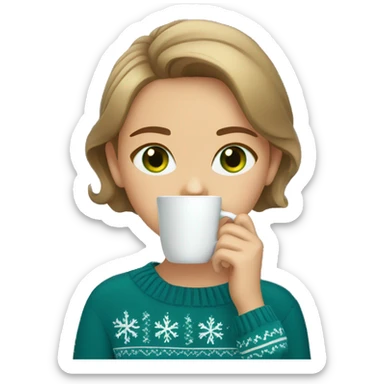 Light brown short haired girl with green eyes drinking coffee wearing blue Christmas sweater sticker