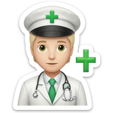 a doctor in white suit with a doctor hat with green cross sticker