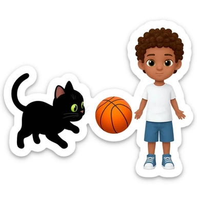 Black cat playing with orange basketball and a little white boy with curly hair sticker