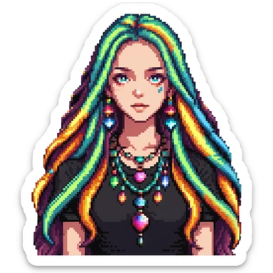 Beautiful girl with metal jewelry, colorful, long hair, dreamy expression sticker