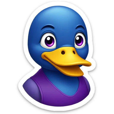 a blue duck with yellow beak and purple around its eyes sticker